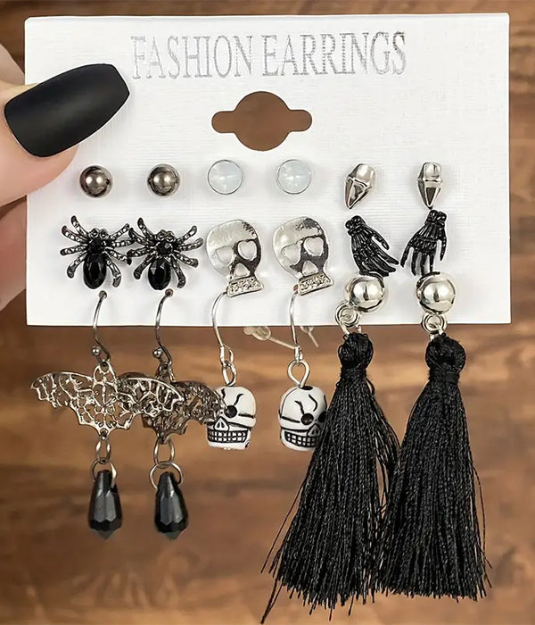 HALLOWEEN THEME 9 PAIR EARRING SET - SPIDER SKULL BAT-0